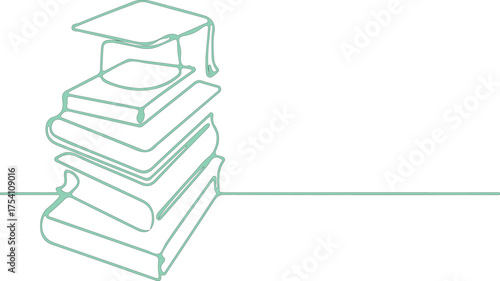 Stack of books with graduation cap continuous line drawing vector illustration for education isolate