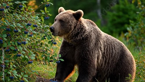 Grizzly bear forages for berries amid greenery. Bright daylight highlights forest scene with colorful bushes. Concept of wildlife observation, nature conservation, outdoor adventures
