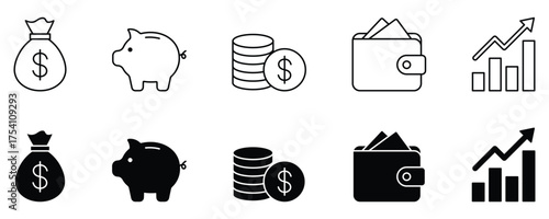 Finance vector icon set. Money bag, piggy bank, wallet, coins, and growth chart symbols in black line and solid style for banking, savings, and investment design.