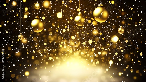 Golden Ornaments Shimmering: A captivating display of golden ornaments suspended against a soft, illuminated backdrop, creating a scene of celebration, warmth, and radiant allure.