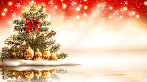Festive Christmas Tree: A radiant Christmas tree, adorned with shimmering ornaments and a vibrant red bow, stands against a backdrop of soft, glittering lights, perfect for holiday scenes.