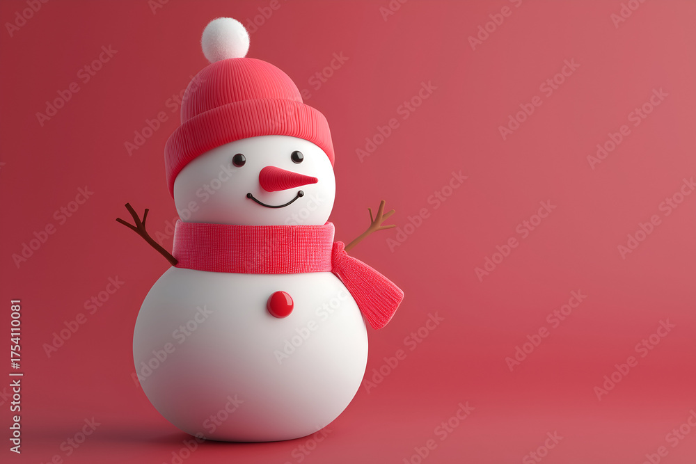 Fototapeta premium snowman with a red hat, scarf, and carrot nose on a solid red background