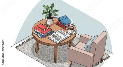 A cozy corner with a round table featuring books, glasses, a cup of tea, and a plant, accompanied by a comfortable armchair, creating a relaxing atmosphere