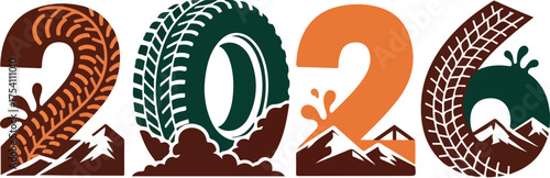 Rugged Off-Road and Adventure Year 2026 Typography with Tires and Mountains