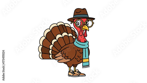 Happy Thanksgiving Turkey Wearing a Hat and Scarf Illustration