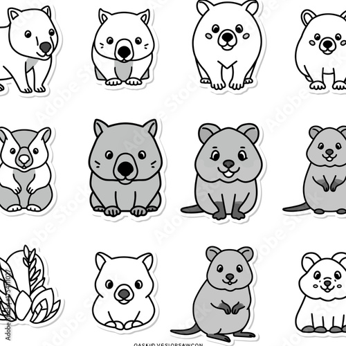 A charming collection of adorable cartoon quokkas and wombats, depicted in various poses and styles, perfect for children's illustrations and playful designs.