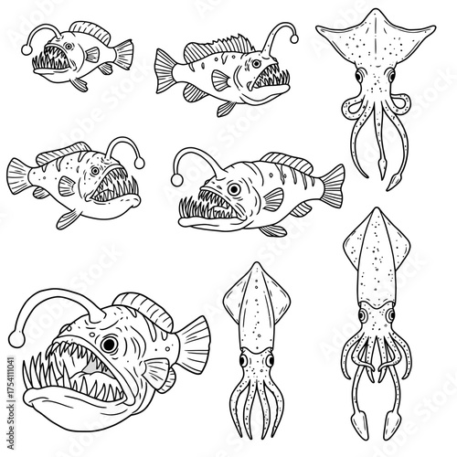 A collection of menacing deep-sea anglerfish and graceful squids illustrated in a clean black and white line art style, perfect for educational or design projects.