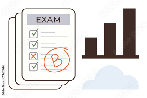 Graded exam paper with ticks and marks, performance bar chart, and a cloud icon. Ideal for education, grading, assessment, analytics, learning progress, academic achievements simple flat metaphor