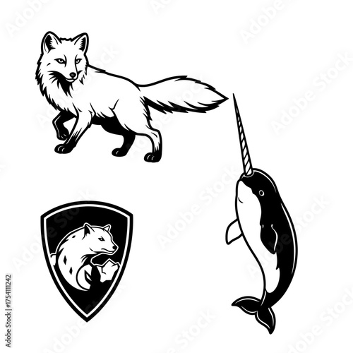 Detailed black and white vector illustrations showcasing an elegant arctic fox, a unique narwhal, and a powerful wolverine mascot shield for graphic design.