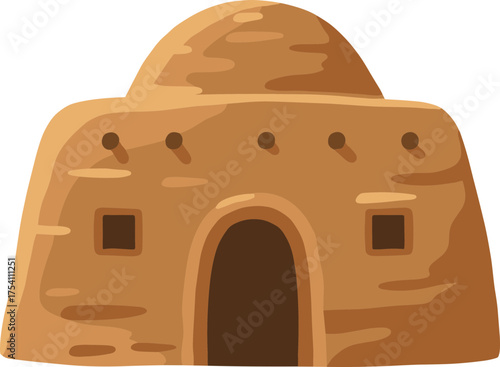 Simple Cartoon Earthen Building Icon, Mud Brick House, Desert Architecture