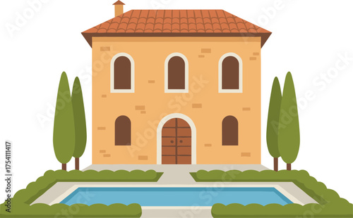 Charming Flat Design Residential House with Pool and Cypress Trees Illustration