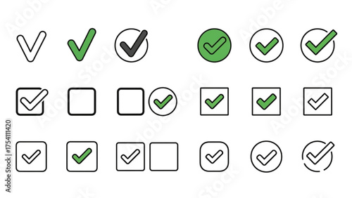 Set of Green Check Marks and Boxes for Approval and Verification