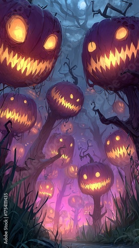Enchanted Forest with Glowing Pumpkins and Mysterious Atmosphere