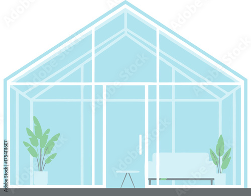 Flat Style Minimalist Greenhouse with Plants and Furniture Illustration