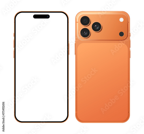 Apple iPhone 17 Pro Max realistic orange frame mobile phone mockup template in front and back side. Modern smartphone device with blank display vector illustration