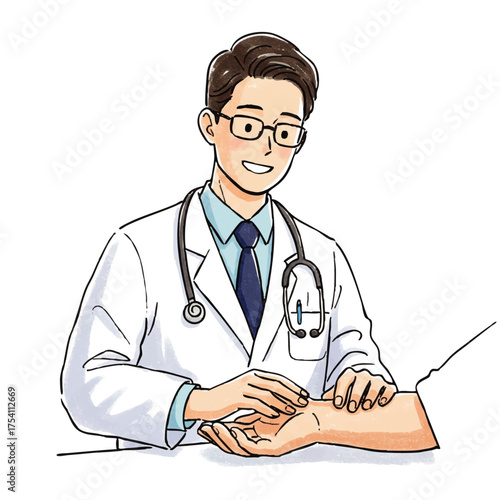Smiling Male Doctor Checking Patient s Pulse During Medical Examination Healthcare and Wellness Illustration