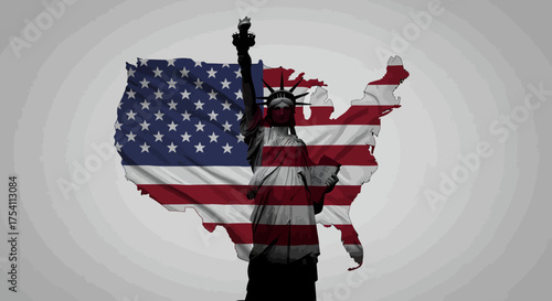 Statue of Liberty and American Flag Overlay on USA Map.