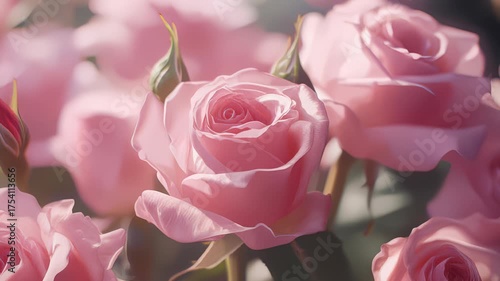 Close-up of Delicate Pink Roses in Full Bloom, Soft Lighting, Romantic Floral Arrangement, Perfect for Valentine's Day or Wedding Invitations
