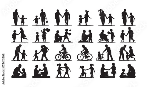 Family and children silhouette icons and scenes father mother