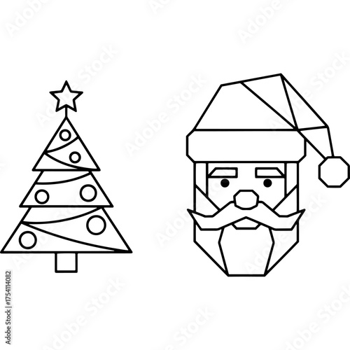 Abstract polygonal art of Santa Claus face and Christmas tree. Modern and stylish vector line art illustration set for holiday greeting cards, posters or logo designs.