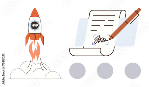Rocket labeled MVP launching with fiery trail beside a pen signing a document on a scroll. Ideal for entrepreneurship, product development, innovation, contract management, project initiation