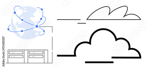 Earth connected with network lines, cloud icons, and data servers highlighting digital data storage, worldwide accessibility, and secure file sharing. Ideal for technology, innovation, global