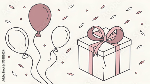 Red gift box with heart balloons and ribbon for birthday celebration surprise illustration