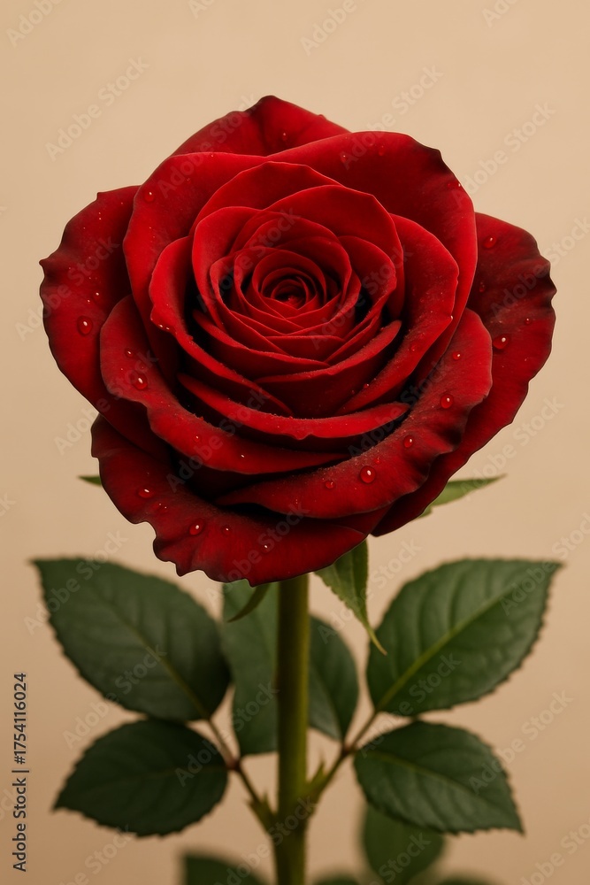 Fototapeta premium A close-up shot of a single, vibrant red rose in full bloom, displaying intricate petal details with water droplets, a symbol of love and beauty