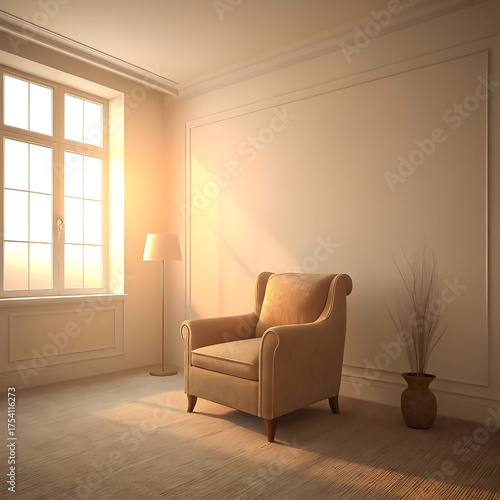Modern living room interior with a fireplace, featuring a sofa, chair, and table under soft light in a contemporary apartment design