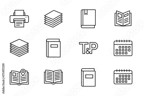 Printing house and publishing editable line icons set. Vector collection for print shop, typography. Includes book, paper, printer, press, document, calendar, guide symbols.