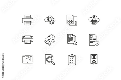 Printing services line icon set for digital and offset production. Includes icons for prepress, workflow management, document proofing, cloud printing, and quality control.