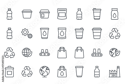 Plastic product and recycling line icon set. Vector collection of editable icons including packaging, bottle, cup, factory, conveyor, and eco symbols for sustainable industry.