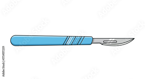 Depiction of a clinical scalpel with a blue handle and a sharp silver blade for surgical uses illustrated against white background