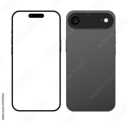 Apple iPhone 17 Air latest 2025 mobile phone front and back mockup template for advertising. Black color smartphone with camera module device vector illustration