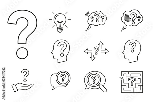 Question line icon set. Problem, confusion, idea, solution. Thinking head, lightbulb, maze, arrows. FAQ, help, support, query, investigation, and analysis symbols.