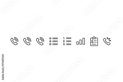 Phone call icon set vector. Ringing phone, incoming call, missed call. Checklist, poll, survey list icons. Mobile signal strength indicator. Communication user interface graphic.