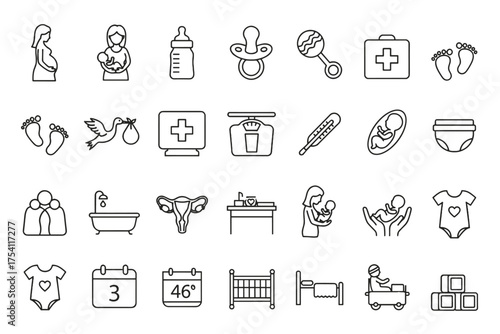 Pregnancy and baby care line icon set. Maternity, childbirth, newborn and motherhood concept. Pediatrics, infant, healthcare and family symbols. Outline vector pictograms.