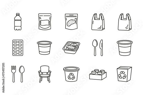Plastic product and packaging line icon set. Concepts of single-use items, waste, recycling, consumerism. Editable vectors of bottle, bag, container, cutlery, food tray, toy.