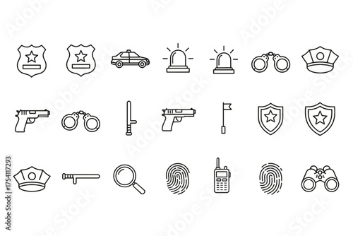 Police law enforcement vector icon set. Outline linear symbols for security and crime. Collection includes police car, badge, handcuffs, gun, siren, baton, and fingerprint.