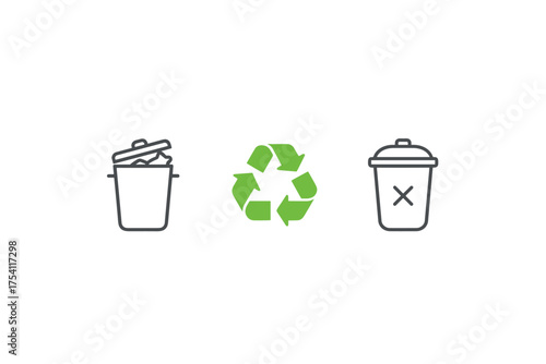 Recycle and trash can icon set. Vector line art symbols for waste management, disposal, and ecology. Green recycling logo, full bin, and delete or do not throw away icon.