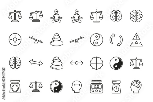 Balance and harmony line icon set. Vector icons of mental health, equilibrium, justice, and stability. Includes scales, yin yang, meditation, zen stones, brain, and psychology concepts.