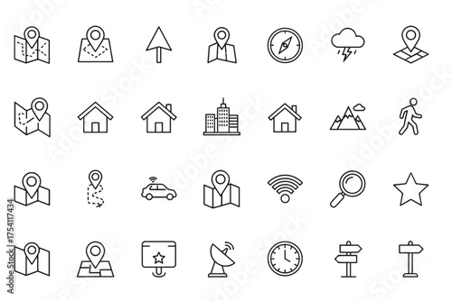 Location navigation map icon set. GPS pin symbol. Direction route pointer. Travel journey concept. City home place. Car transport. Technology wifi satellite. Outline vector graphic.