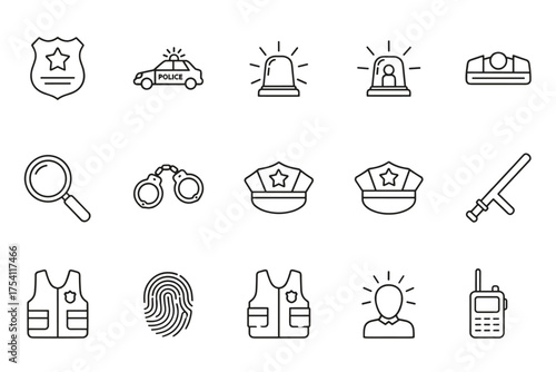 Police icon set. Law enforcement thin line symbols. Justice, security and patrol signs. Vector pictograms. Crime investigation elements. Handcuffs, gun, badge and car icons.