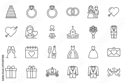 Wedding outline icons set. Marriage symbols vector collection. Rings, cake, bride, groom, bouquet, chapel, dress, tuxedo, gifts, carriage, love, celebration, invitation.