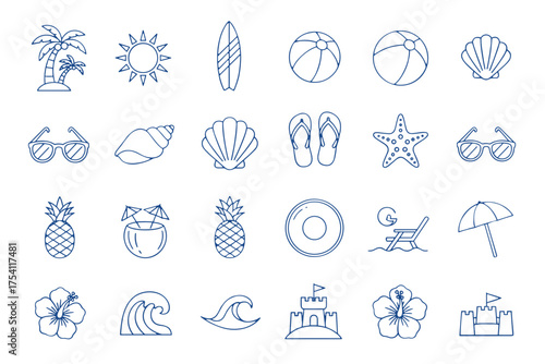Summer beach icon set vector. Tropical vacation outline symbols collection. Palm tree, sun, surfboard, shell, pineapple, wave, sandcastle, cocktail, sunglasses, flip flops.