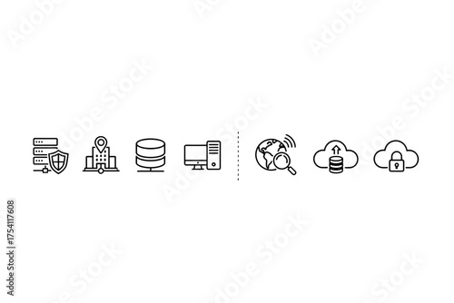 Simple icon set comparing on-premise and cloud computing. Vector line symbols for local data center, server hardware vs online database storage, network and security service.