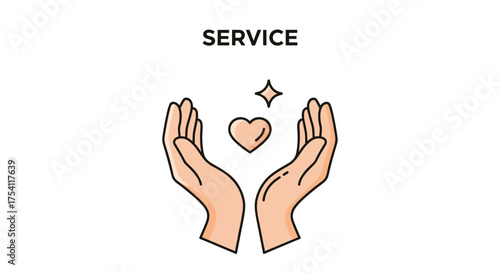 Excellent service and care concept. Hands holding a heart symbol representing kindness, charity, support, and love. Vector icon for customer relations, volunteering, and health.