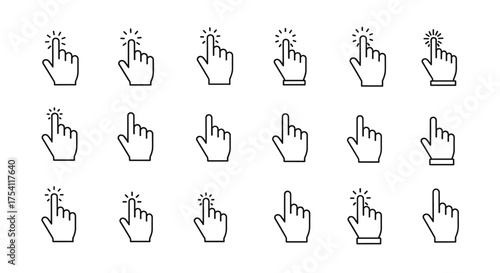 Hand cursor clicking pointer icon set. Finger tap press gesture symbols. Vector line art collection for web design, UI, UX, button interaction. Computer mouse click concept.
