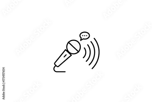Microphone voice record simple outline icon. Sound wave broadcast symbol. Speak, talk, interview or podcast concept. Language, communication, audio pictogram for press radio.