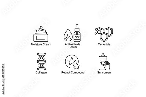 Skin care line icons. Cosmetic ingredient vector set. Moisture cream, anti-wrinkle serum, ceramide, collagen, retinol, sunscreen. Beauty, dermatology, anti-aging concept.